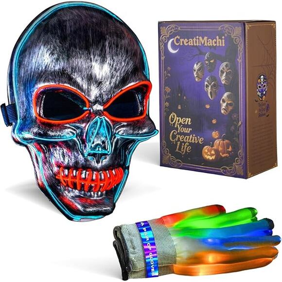 LED Mask Gloves Set Adult Teen Skeleton Glow Halloween Scary Light Up Costume - Picture 1 of 6